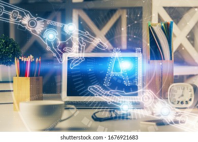 Double exposure of desktop with personal computer on background and tech theme drawing. Concept of Bigdata.