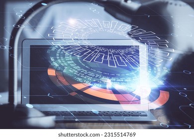 Double exposure of desktop with personal computer on background and tech theme drawing. Concept of data analysis. - Powered by Shutterstock - Get 15% off with code: PIKWIZARD15