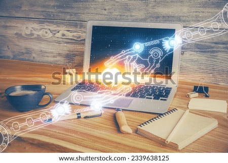 Double exposure of desktop with personal computer on background and tech theme drawing. Concept of Bigdata.