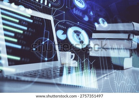 Double exposure of desktop with personal computer on background and tech theme drawing. Concept of Bigdata.