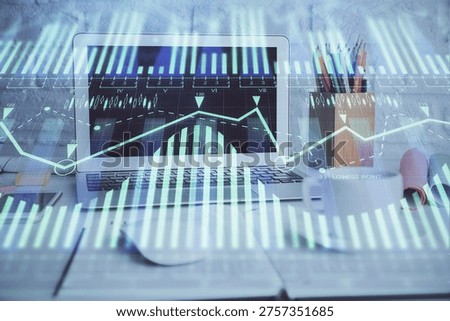 Double exposure of desktop with personal computer on background and tech theme drawing. Concept of Bigdata.