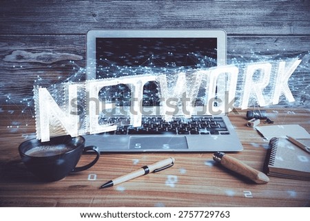 Double exposure of desktop with personal computer on background and tech theme drawing. Concept of Bigdata.
