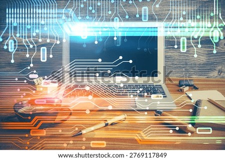 Double exposure of desktop with personal computer on background and tech theme drawing. Concept of Bigdata.