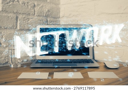 Double exposure of desktop with personal computer on background and tech theme drawing. Concept of Bigdata.