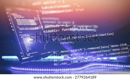Double exposure of IT developer working on vertical tablet screen with superimposed JavaScript code. Cyberpunk futuristic concept.
