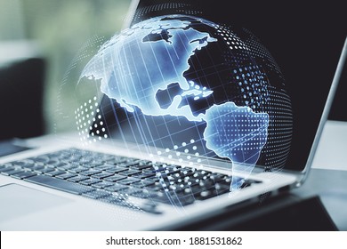 Double exposure of digital America map on laptop background, research and strategy concept