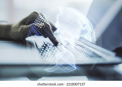 Double exposure of digital America map and hands typing on laptop on background, research and strategy concept - Shutterstock ID 2218307137
