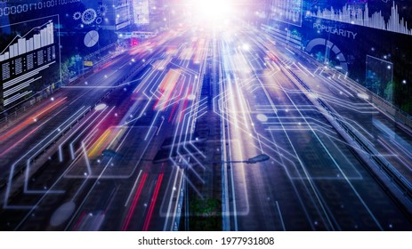 Double exposure of digital circuit board virtual with light trails of vehicle on highway background