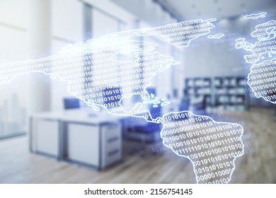 Double exposure of digital map of North America hologram on modern corporate office background, research and strategy concept