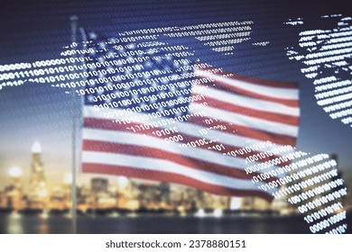 Double exposure of digital map of North America hologram on USA flag and blurry cityscape background, research and strategy concept - Powered by Shutterstock - Get 15% off with code: PIKWIZARD15