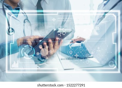 Double exposure. Doctor using innovation and variety medical concept. - Shutterstock ID 1522277291