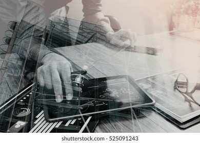 Double Exposure Of Doctor Working With Digital Tablet Computer With Smart Phone In Medical Workspace Office And Video Conference,London Architecture Buildings