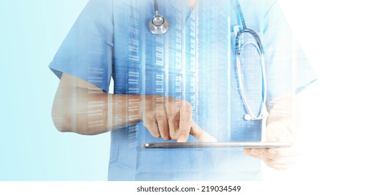 Double Exposure Of Doctor Working With Tablet Computer Background 