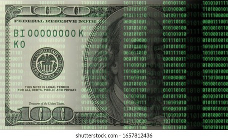 Double exposure of dollar bills and binary matrix code in cryptocurrency market on green color background