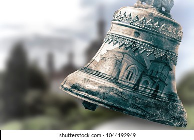 Double exposure effect: Church bell and a picture of a temple on blurred landscape background.