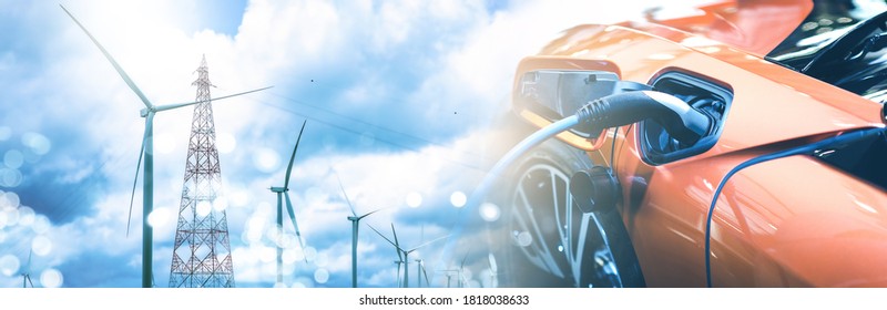 Double exposure of electric car charge battery with wind turbine pole and blue sky blur bokeh on panoramic background. idea nature electric energy to generate electricity. Green energy eco concept.