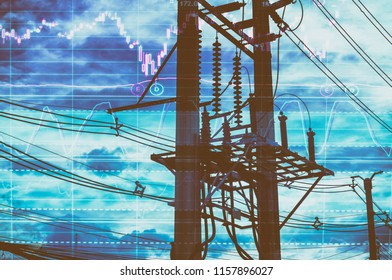 Double Exposure - Electric Pole, And Sky Stock Chart As Background. With The Concept Of Volatility Of Stocks And Energy Businesses In The Global Market.