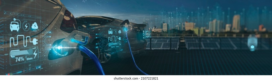 Double exposure Electric vehicle EV car Power cable wirh pump plug in charging power to electric vehicle EV car on virtual modern technology UI information display,innovation sustainable eco energy. - Shutterstock ID 2107221821