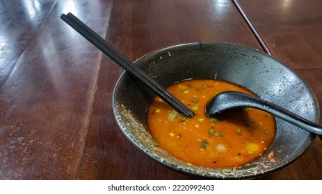 Double Exposure Of Empty Spicy Shio Ramen. Japanese Food