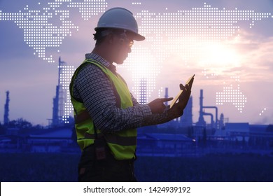 Double Exposure Of Engineer With Oil Refinery Industry.physical System Icons Concept Of Engineering Industrial.