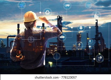 Double exposure of Engineer with oil refinery industry plant background,  industrial instruments in the factory and physical system icons concept, Industry 4.0 concept image