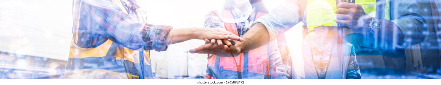 Double exposure of Engineer team to join hands together, accept agree cooperation and success concept, banner cover design. - Powered by Shutterstock