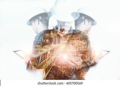 Double Exposure Of Engineer Or Technician Man With Safety Helmet Operated Platform Or Plant By Using Tablet With Offshore Oil And Gas Platform Background For Oil And Gas Business Concept