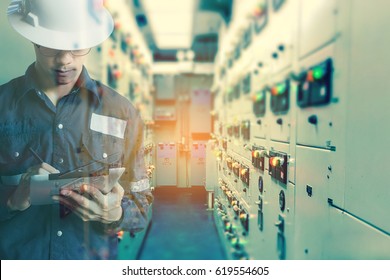 Double exposure of Engineer or Technician man working with tablet in switch gear electrical room of oil and gas platform or plant industrial for monitor process, business and industry concept