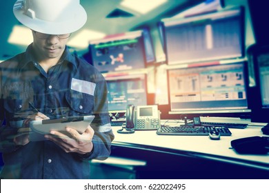 Double Exposure Of  Engineer Or Technician Man In Working Shirt  Working With Tablet In Control Room Of Oil And Gas Platform Or Plant Industrial For Monitor Process, Business And Industry Concept