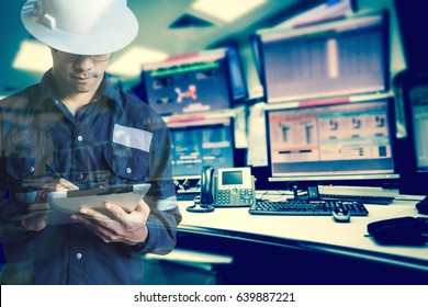 Double exposure of  Engineer or Technician man in working shirt  working with tablet in control room of oil and gas platform or plant industrial for monitor process, business and industry concept