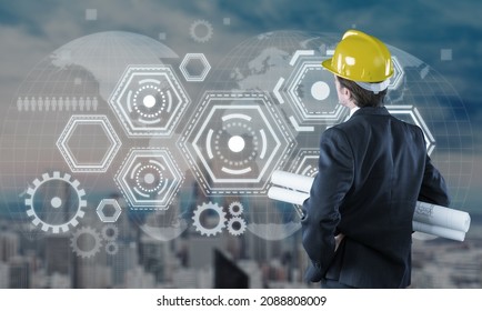 Double exposure of engineering with network connection interfaces icon. Business technology industry concept. - Powered by Shutterstock - Get 15% off with code: PIKWIZARD15