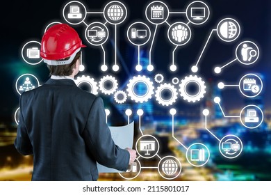 Double exposure of engineering with network connection interfaces icon. Business technology industry concept.
