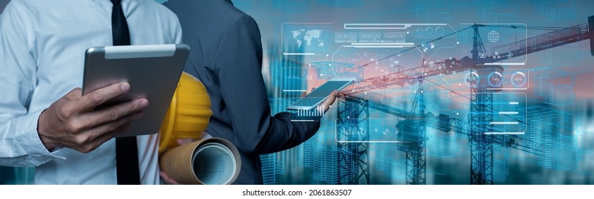 Double exposure engineering team using tablet computer and digital technology interfaces icon on construction cranes background, Technology and business industrial concept.