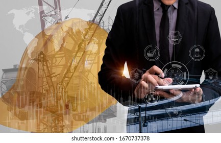 Double Exposure Engineering Using Tablet Digital Technology Interfaces Icon With Construction Cranes Background. Digital Industrial Concept.