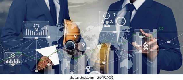 Double exposure engineering using tablet digital technology data exchanges customer connection interfaces icon no city blurred background.