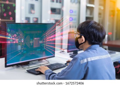 Double Exposure Of Engineering  Wear Mask To Prevent Corona Virus. Checking Production Process, Control Room Of A Steam Turbine, Generators In  Power Plant.Protection Virus And And Industry Concept