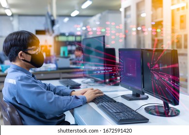 Double Exposure Of Engineering  Wear Mask To Prevent Corona Virus. Checking Production Process, Control Room Of A Steam Turbine, Generators In  Power Plant.Protection Virus And And Industry Concept