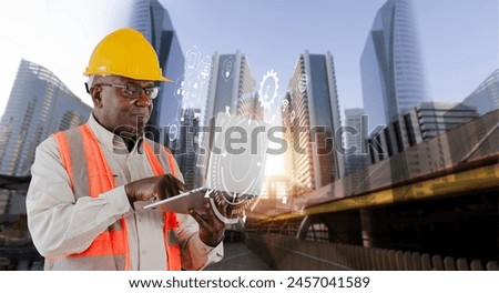 Double exposure engineering working on laptop with digital technology interfaces icon and modern building city background, Smart industry and digital technology and IOT software concept.