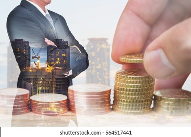 double exposure of Euro Coin stacks on table, businessman arms crossed and construction crane and building in the evening, twilight as business, investment,currency, exchange rate and industry concept - Powered by Shutterstock