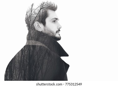 Double exposure fashion art portrait bearded free man pensive looking away into the distance outdoors with forest or trees, black and white photo close up, copy space empty background, side view - Powered by Shutterstock