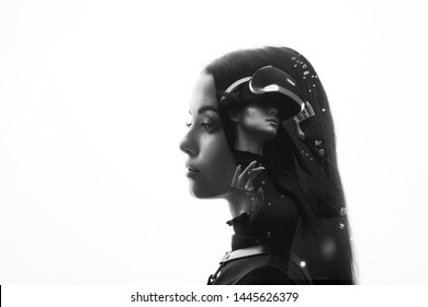 Double Exposure Of Female Face. Abstract Black And White Woman Portrait. Digital Art. Girl In Glasses Of Virtual Reality. Augmented Reality, Science, Future Technology, Robots And People Concept. VR