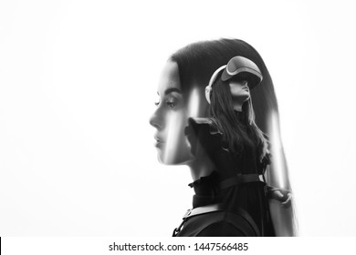 Double Exposure Of Female Face. Abstract Black And White Woman Portrait. Digital Art. Girl In Glasses Of Virtual Reality. Augmented Reality, Science, Future Technology, Robots And People Concept. VR.