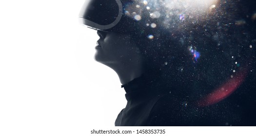Double exposure of female face. Abstract black and white woman portrait. Digital art. Girl in glasses of virtual reality. Augmented reality, dream, future technology, game concept. VR.