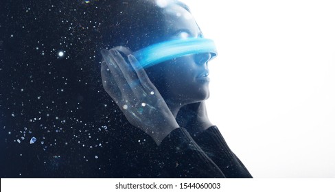 Double Exposure Of Female Face. Abstract Black And White Woman Portrait. Digital Art. Girl In Glasses Of Virtual Reality. Augmented Reality, Dream, Future Technology, Game Concept. VR.