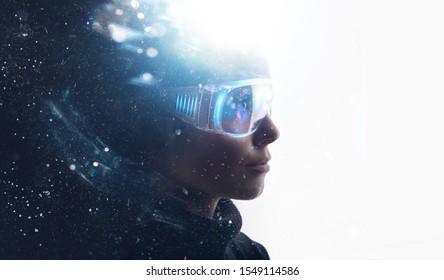 Double Exposure Of Female Face. Abstract Woman Portrait. Digital Art. Girl In Glasses Of Virtual Reality. Augmented Reality, Dream, Future Technology, Game Concept. VR.