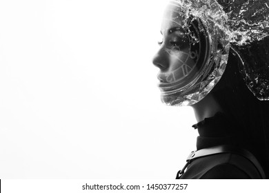 Double Exposure Of A Female Face, Clock And Water. Abstract Black And White Woman Portrait. Digital Art. Concept Of Life Time.