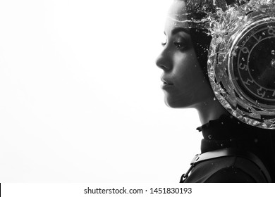 Double Exposure Of A Female Face, Clock And Water. Abstract Black And White Woman Portrait. Digital Art. Concept Of Life Time.