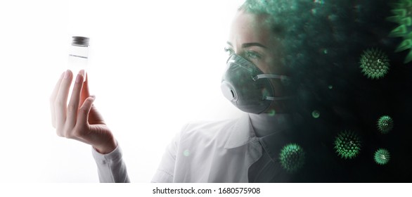 Double Exposure Of Female In Medical Mask And Abstract Virus Strain Model Of MERS-Cov. Coronavirus 2019-nCov. Portrait Of Young Woman Scientist Analyzes Test Tube With Liquid In Hand. 