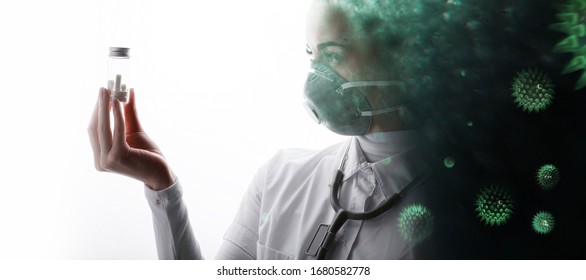 Double Exposure Of Female In Medical Mask And Abstract Virus Strain Model Of MERS-Cov. Coronavirus 2019-nCov. Portrait Of Young Woman Scientist With Medicine In Hand.