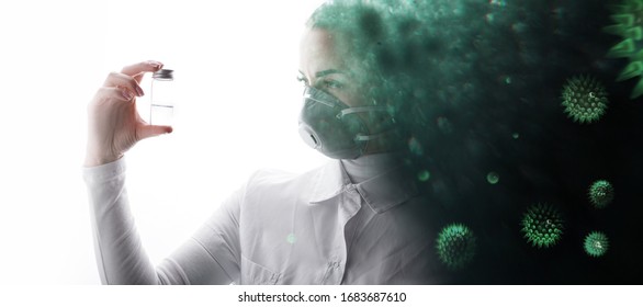 Double Exposure Of Female In Medical Mask And Abstract Virus Strain Model Of MERS-Cov. Coronavirus 2019-nCov. Portrait Of Young Woman Scientist Analyzes Test Tube With Liquid In Hand.  